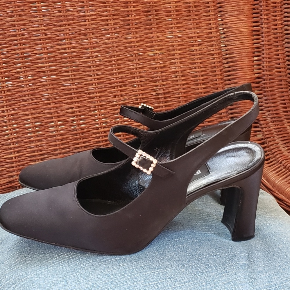 Evan Picone black satin rhinestone buckle heels